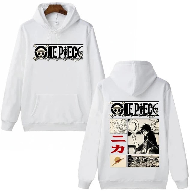 Sweat Pull à Capuche One Piece Luffy Chapeau Blanc