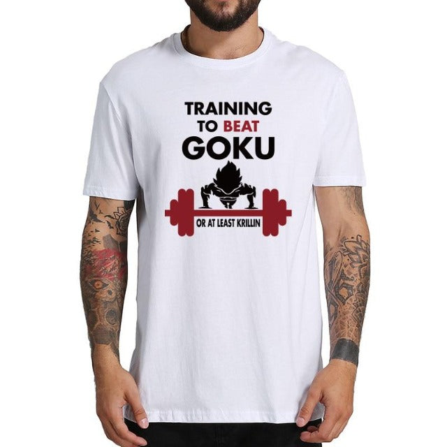 Training To Beat Goku Beflocktes T-Shirt für Erwachsene, Herren und Damen, kurzärmelig, Manga, Dragon Ball Z