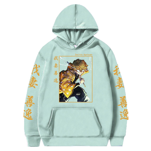 Sweat à Capuche Demon Slayer Zenitsu Adulte Homme Femme Manches Longues vert gris