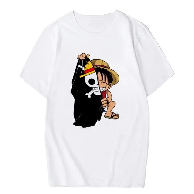 T-Shirt One Piece Luffy Jolly Roger Blanc