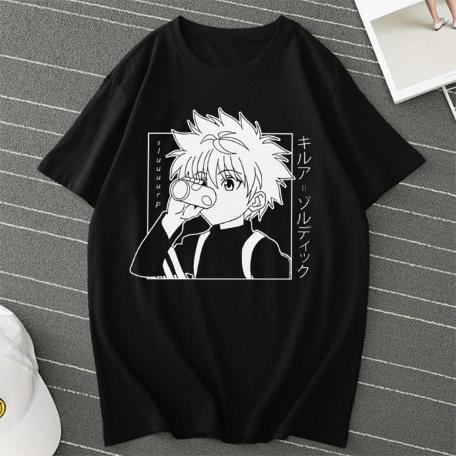 Killua Manga HxH Beflocktes T-Shirt für Erwachsene, Herren und Damen, kurzärmelig