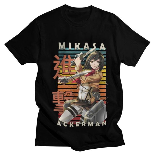 Mikasa Ackerman Blades Attack on Titan Beflocktes Manga-T-Shirt für Erwachsene, Herren und Damen, kurzärmelig