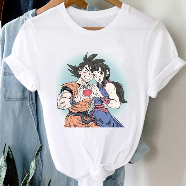 T-shirt Chichi &amp; Goku Dragon Ball Floqué Adulte Homme Femme Courtes Manches